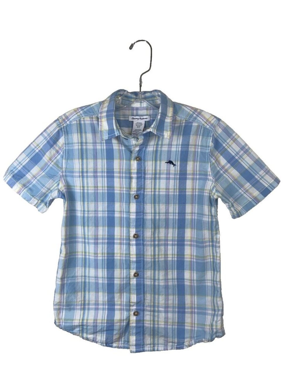 Tommy Bahama Boys Blue Plaid Short Sleeve Shirt XL 100% Cotton